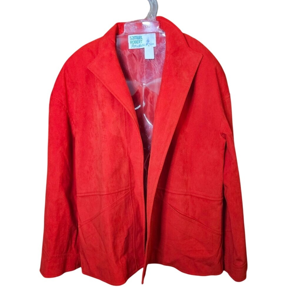 Samuel Robert Peter Halsi Androu Red Ultrasuede Open Front Blazer Jacket Size 18